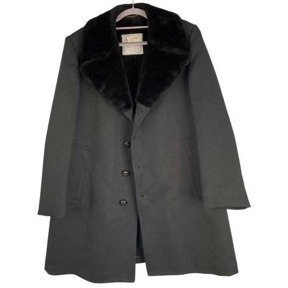 London Fog Mens Black Wool Blend Over Coat Faux Fur Collar Size 38S RJ10624 - Picture 7 of 9